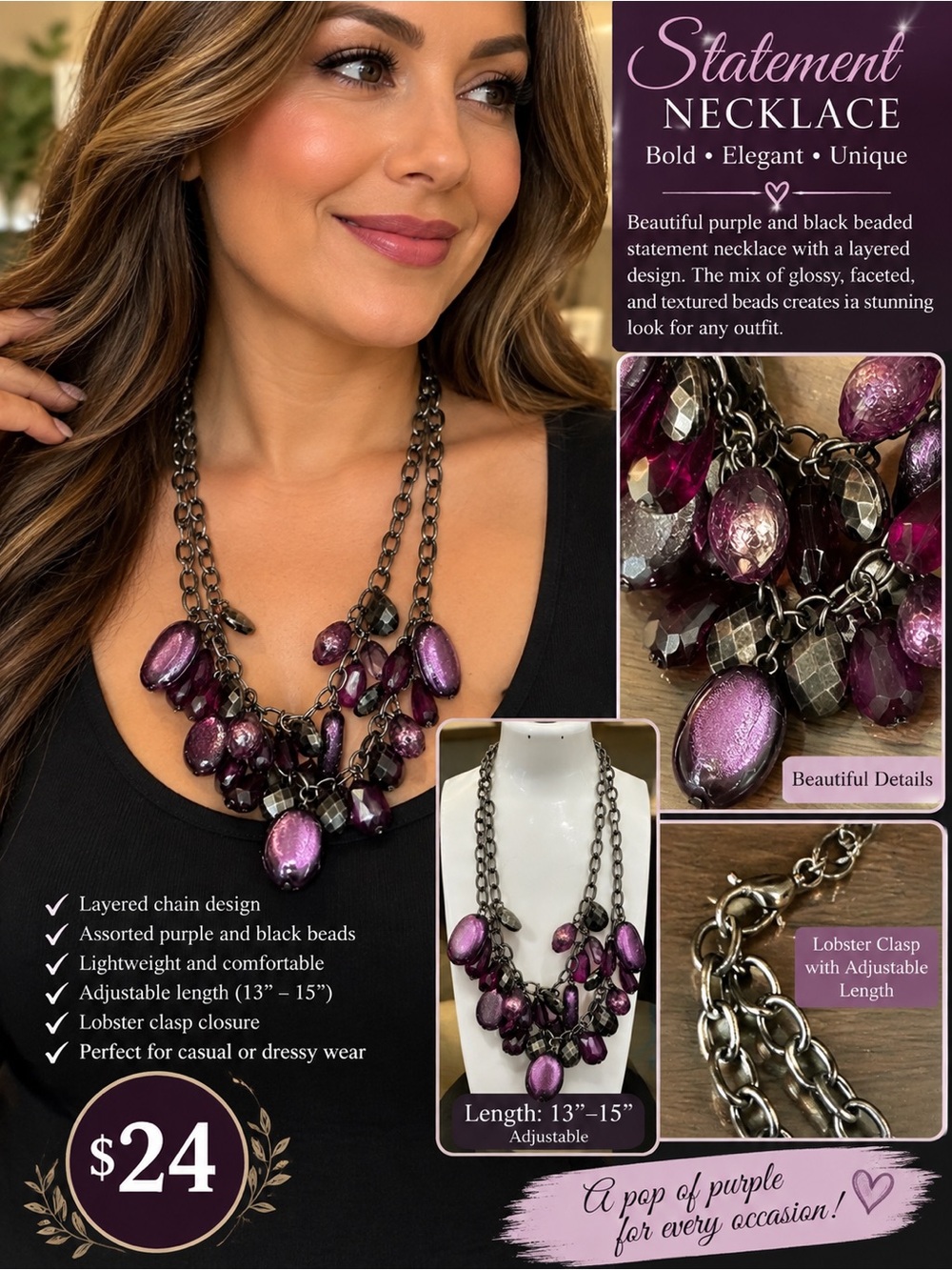 Avon Purple and Black Beaded Statement Necklace - Layered Chain Design